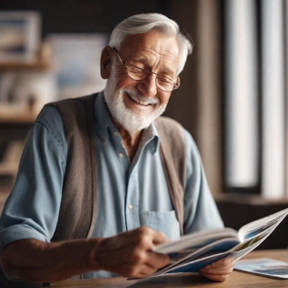 Une personne âgée souriante examine des brochures