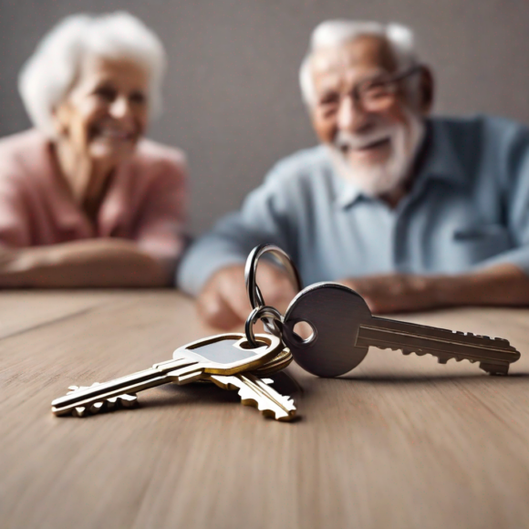Des clés en métal sur fond de personnes âgées souriantes