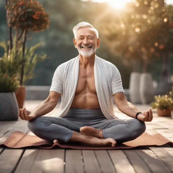 Une personne âgée souriante faisant du yoga en plein air