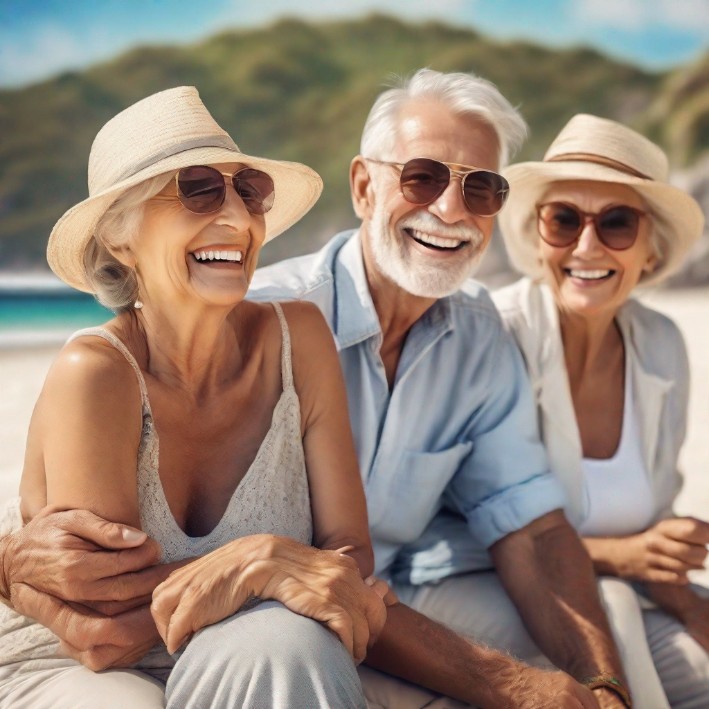 Seniors souriants découvrant une plage exotique