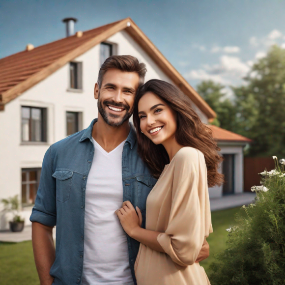 Un couple de seniors souriant avec une maison en arrière-plan