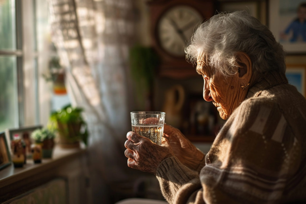 Senior lisant guide d'arrêt d'alcool